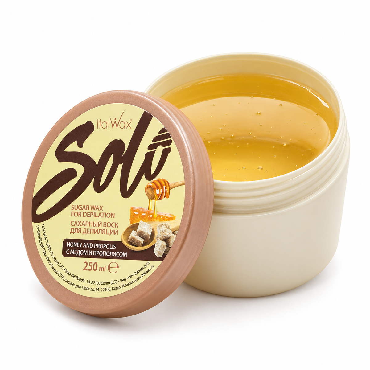 Italwax Solo Microwaveable Honey & Propolis Sugar Wax Depilation Kit 250ml, showing the golden sugar wax inside the open pot for at-home hair removal.