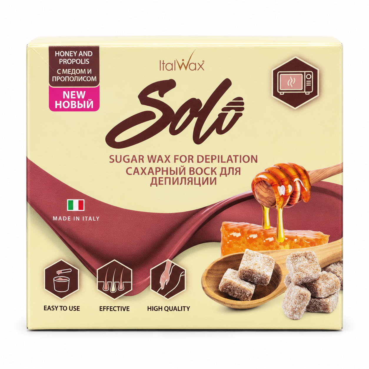 Italwax Solo Microwaveable Honey & Propolis Sugar Wax Depilation Kit retail packaging, featuring 250ml sugar wax formulated with honey and propolis for depilation.
