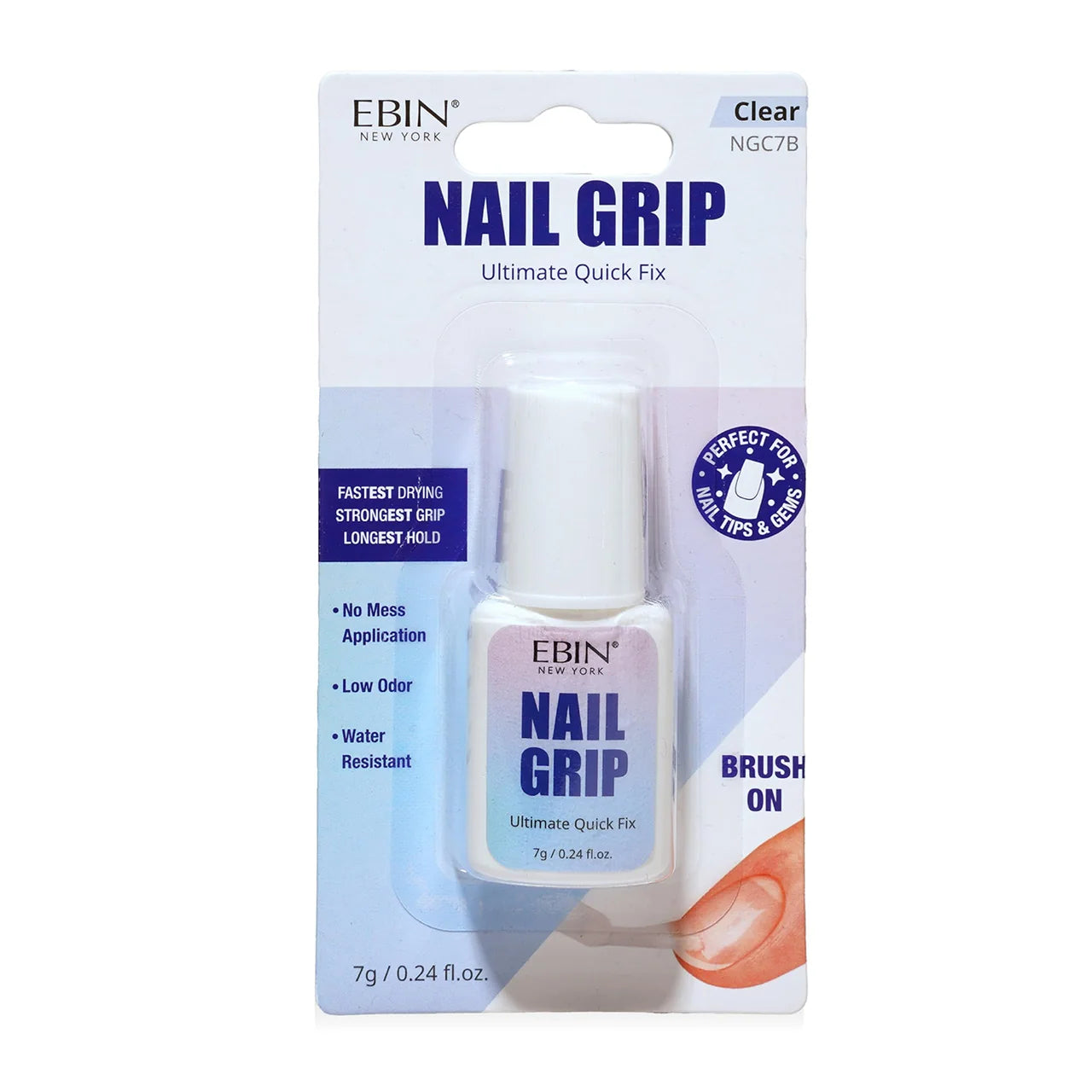 Ebin New York Nail Grip Ultimate Quick Fix Brush-On Nail Glue Clear 7g featuring a fast-drying, water-resistant formula with a precision brush applicator for press-on nails, nail tips and nail gems.
