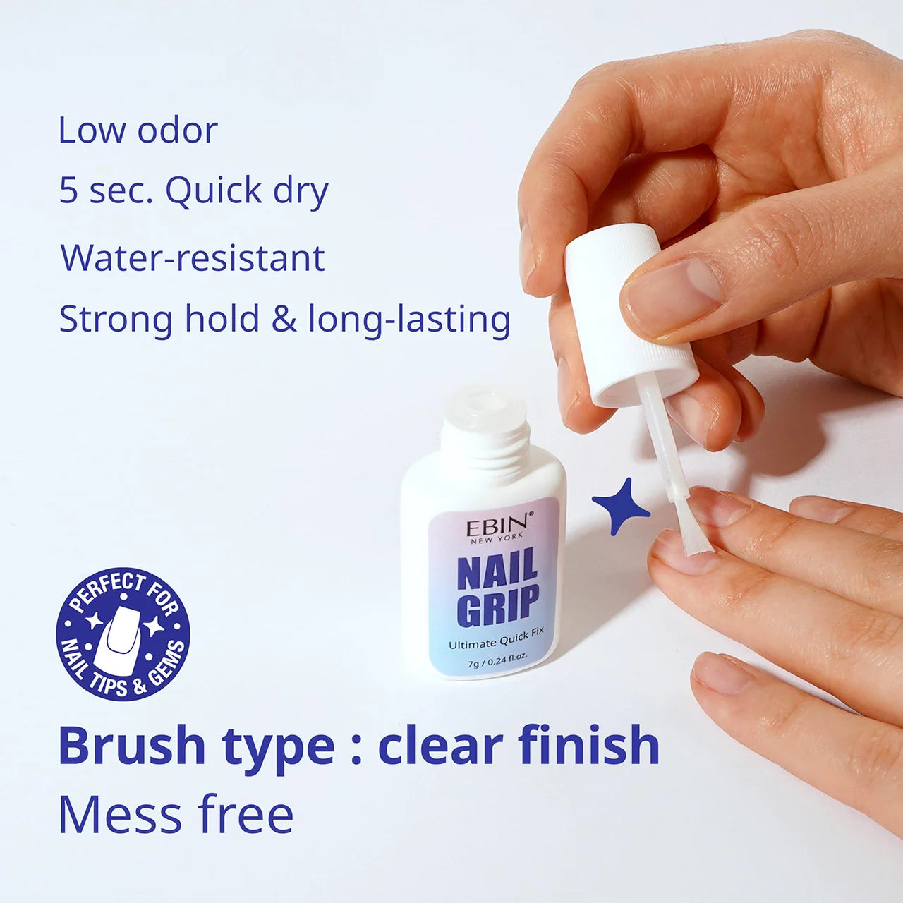 Ebin New York Nail Grip Brush-On Nail Glue being applied with a precision brush applicator, highlighting its clear finish, low odour, 5-second quick-dry formula, water resistance and long-lasting hold for nail tips and nail gems.
