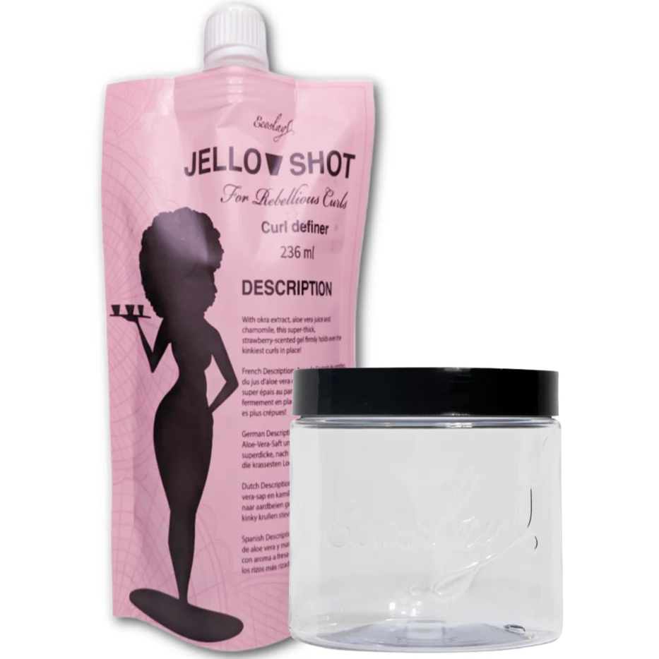 Pink packaging of 'Jello Shot' with a black silhouette and a clear container on a white background