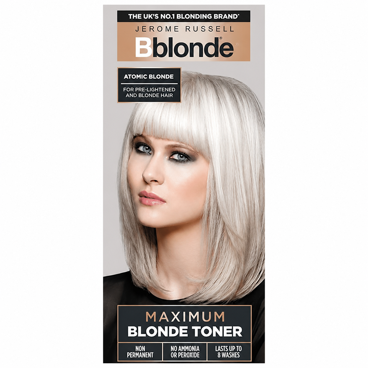 Jerome Russell Bblonde Maximum Blonde Toner Atomic Blonde 75ml retail box on a white background, semi-permanent toner for bright platinum blonde hair.
