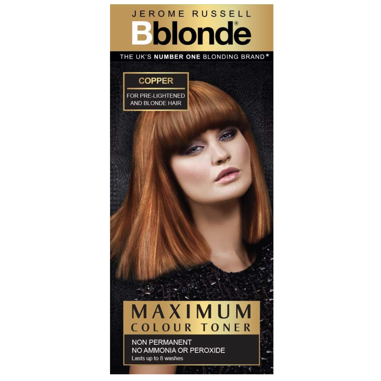 Jerome Russell Bblonde Maximum Colour Toner Copper 75ml retail box on a white background, semi-permanent hair toner for pre-lightened and blonde hair.
