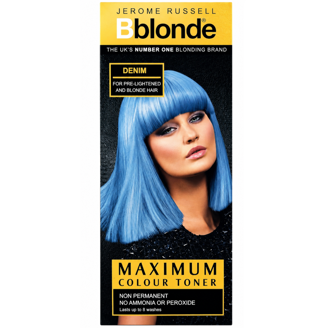 Jerome Russell Bblonde Maximum Colour Toner Denim 75ml retail box on a white background, semi-permanent blue hair toner for pre-lightened and blonde hair.
