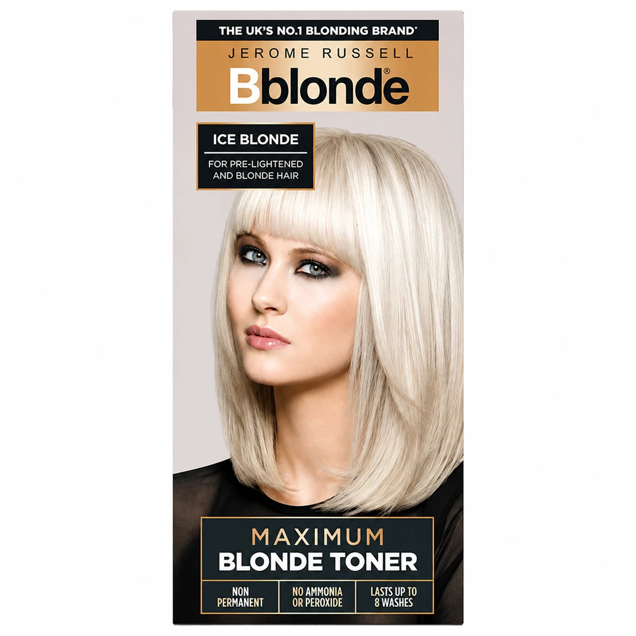 Jerome Russell Bblonde Maximum Blonde Toner Ice Blonde 75ml retail box on a white background, semi-permanent toner for icy blonde hair.
