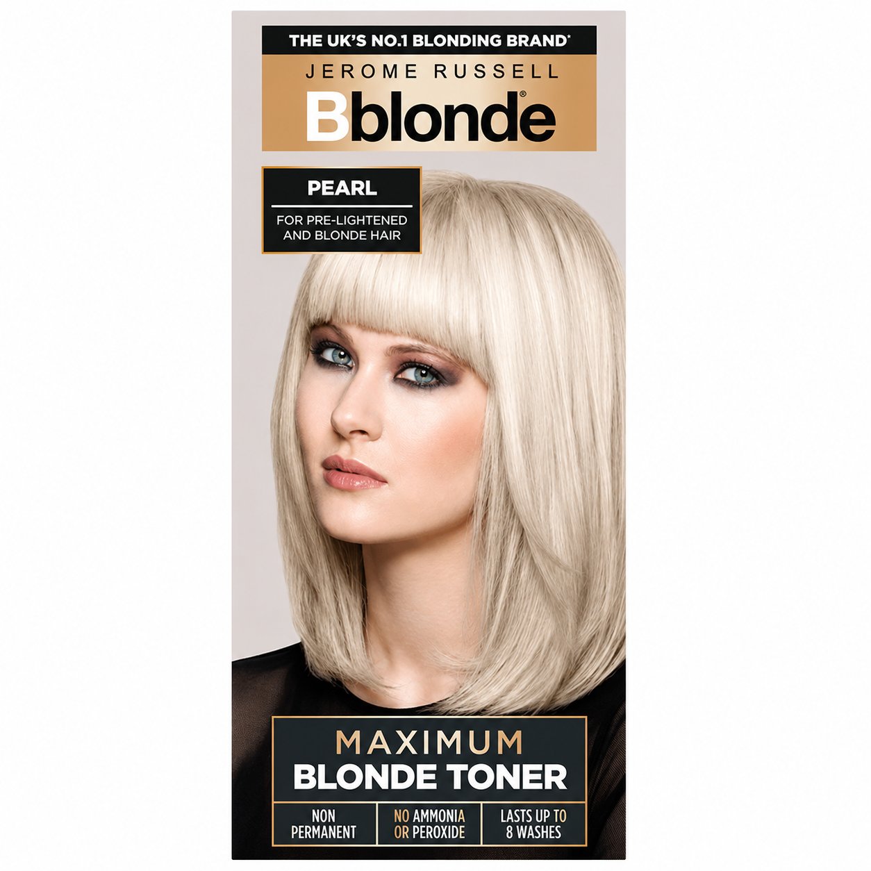Jerome Russell Bblonde Maximum Blonde Toner Pearl 75ml retail box on a white background, semi-permanent toner for pearly blonde hair.
