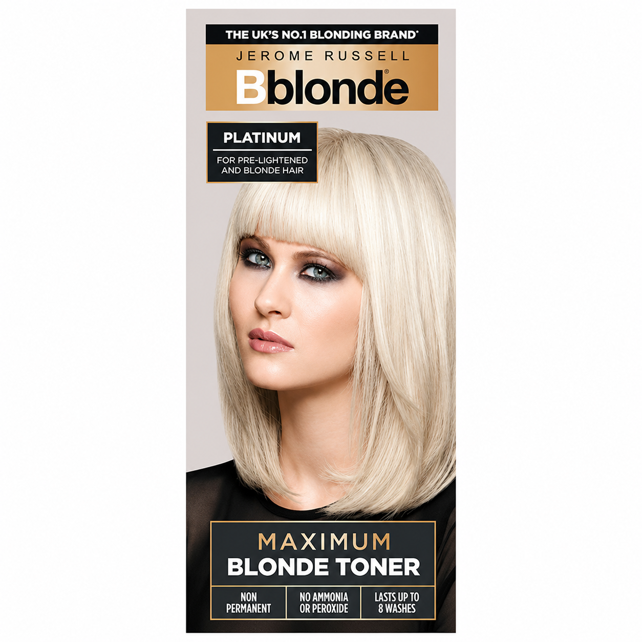 Jerome Russell Bblonde Maximum Blonde Toner Platinum 75ml retail box on a white background, semi-permanent toner for cool platinum blonde hair.

