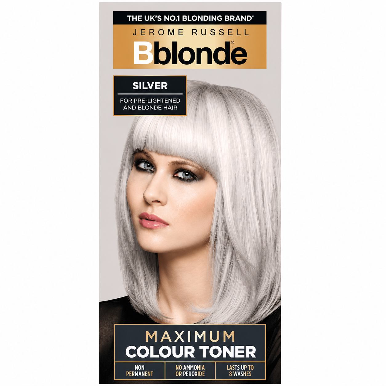 Jerome Russell Bblonde Maximum Colour Toner Silver 75ml retail box on a white background, semi-permanent silver hair toner for pre-lightened and blonde hair that neutralises yellow and brassy tones, lasting up to 8 washes.
