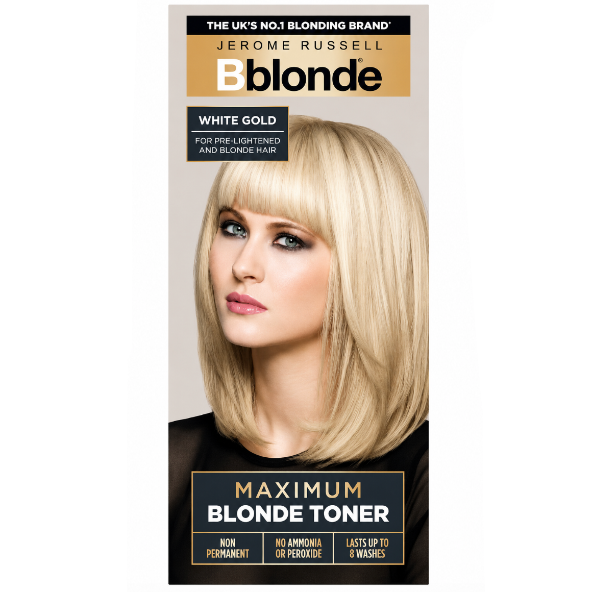 Jerome Russell Bblonde Maximum Blonde Toner White Gold 75ml retail box on a white background, semi-permanent toner for warm white blonde hair.
