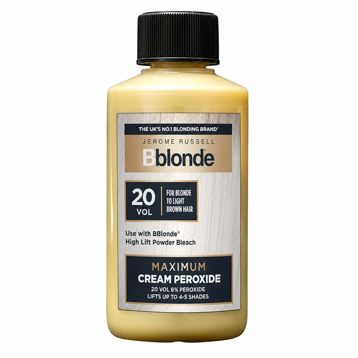 Jerome Russell Bblonde Maximum Cream Peroxide 20 Vol (6%) developer bottle with black cap. Suitable for blonde to light brown hair, lifts up to 4–5 shades, and is intended for use with Bblonde High Lift Powder Bleach.