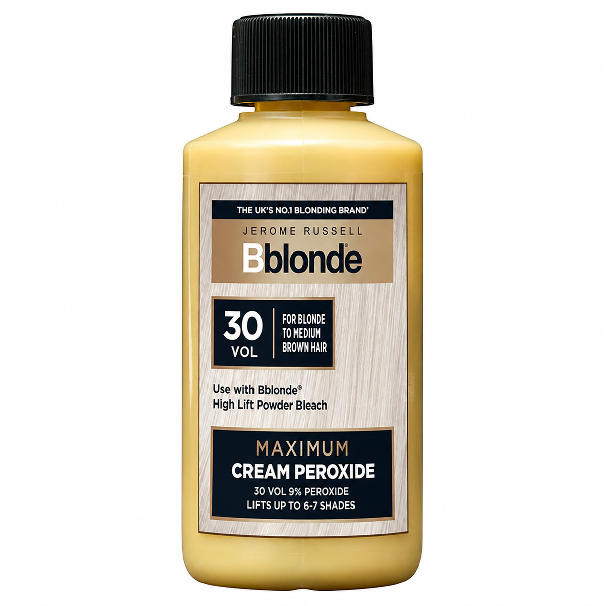 Jerome Russell Bblonde Maximum Cream Peroxide 30 Vol (9%) developer bottle with black cap. Suitable for blonde to medium brown hair, lifts up to 6–7 shades, and is designed for use with Bblonde High Lift Powder Bleach.