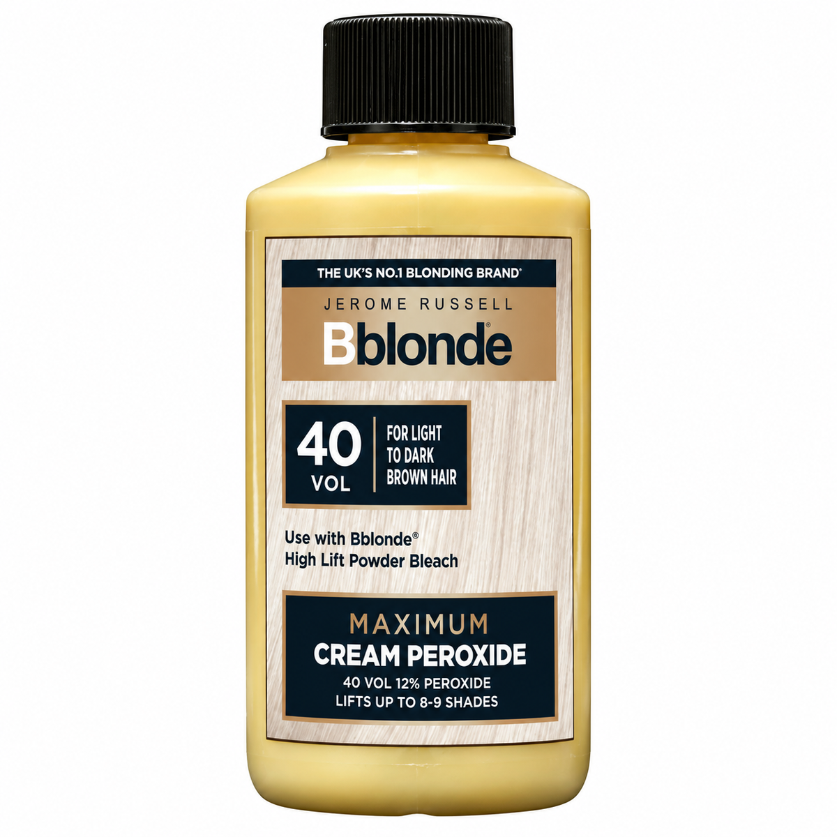 Jerome Russell Bblonde Maximum Cream Peroxide 40 Vol (12%) developer bottle with black cap. Suitable for light to dark brown hair, lifts up to 8–9 shades, and is formulated for use with Bblonde High Lift Powder Bleach.