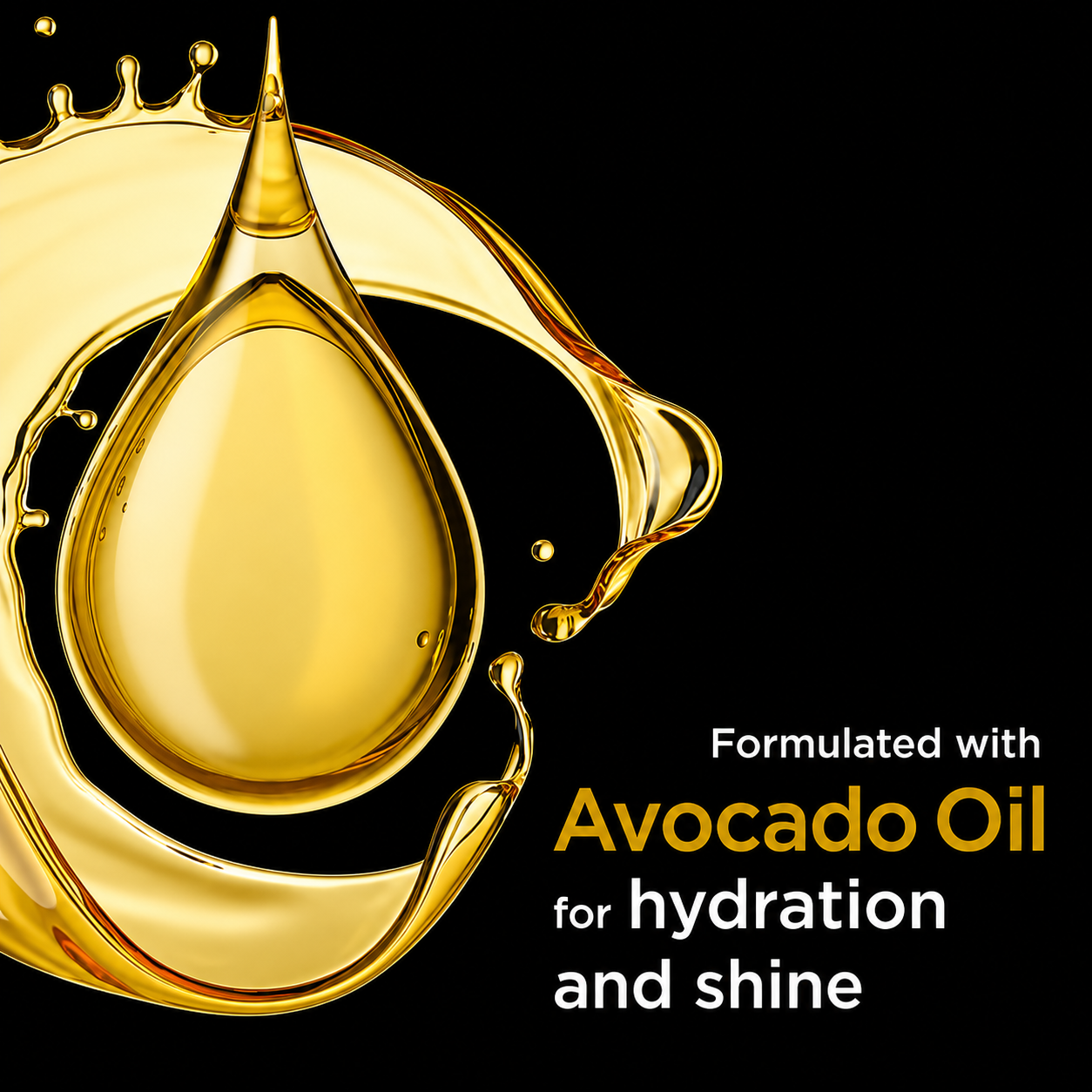 Promotional graphic featuring a golden avocado oil droplet and splash on a black background with text stating that Bblonde Cream Peroxide is formulated with avocado oil to provide hydration and shine during the lightening process.