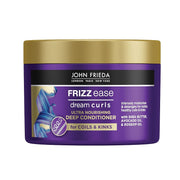 John Frieda Frizz Ease Dream Curls Ultra Nourishing Deep Conditioner with shea butter, avocado oil and rosehip oil purple jar with gold screw lid on a white background