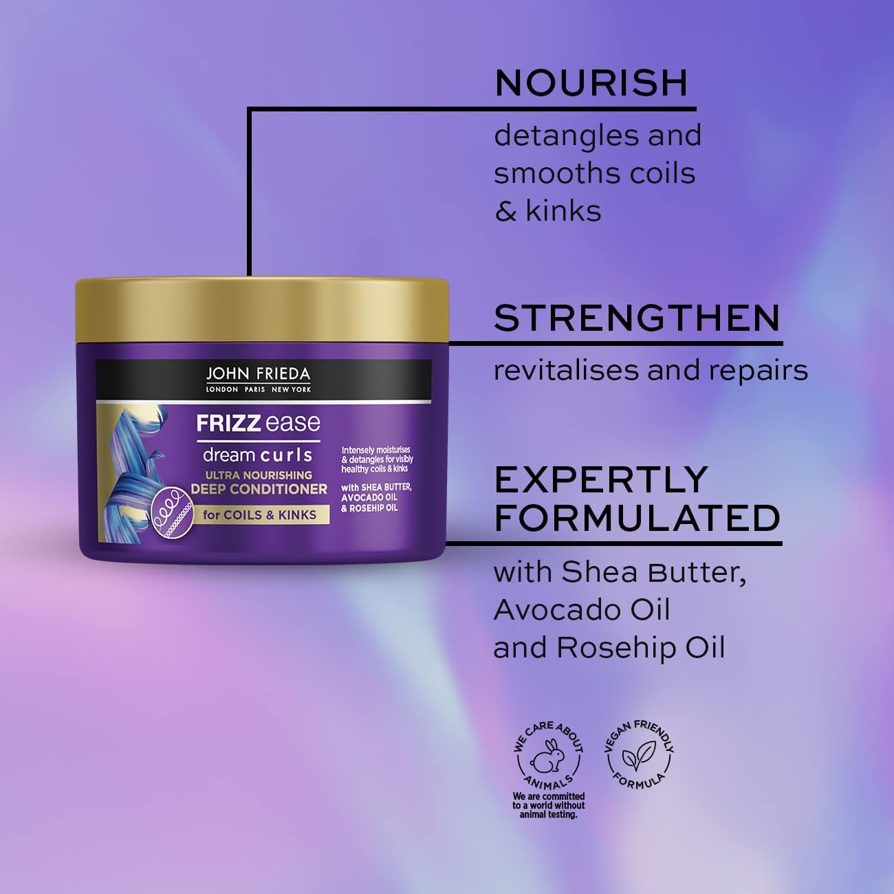 John Frieda Frizz Ease Dream Curls Deep Conditioner benefits for nourishing, detangling and strengthening coils and kinks
