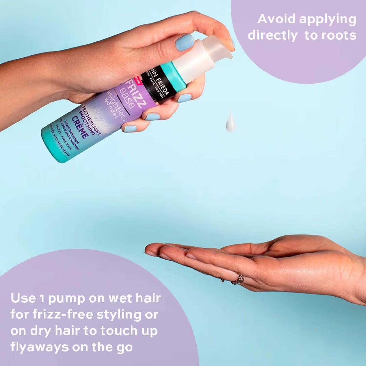Applying John Frieda Weightless Wonder Smoothing Crème to wet hair or dry flyaways while avoiding the roots