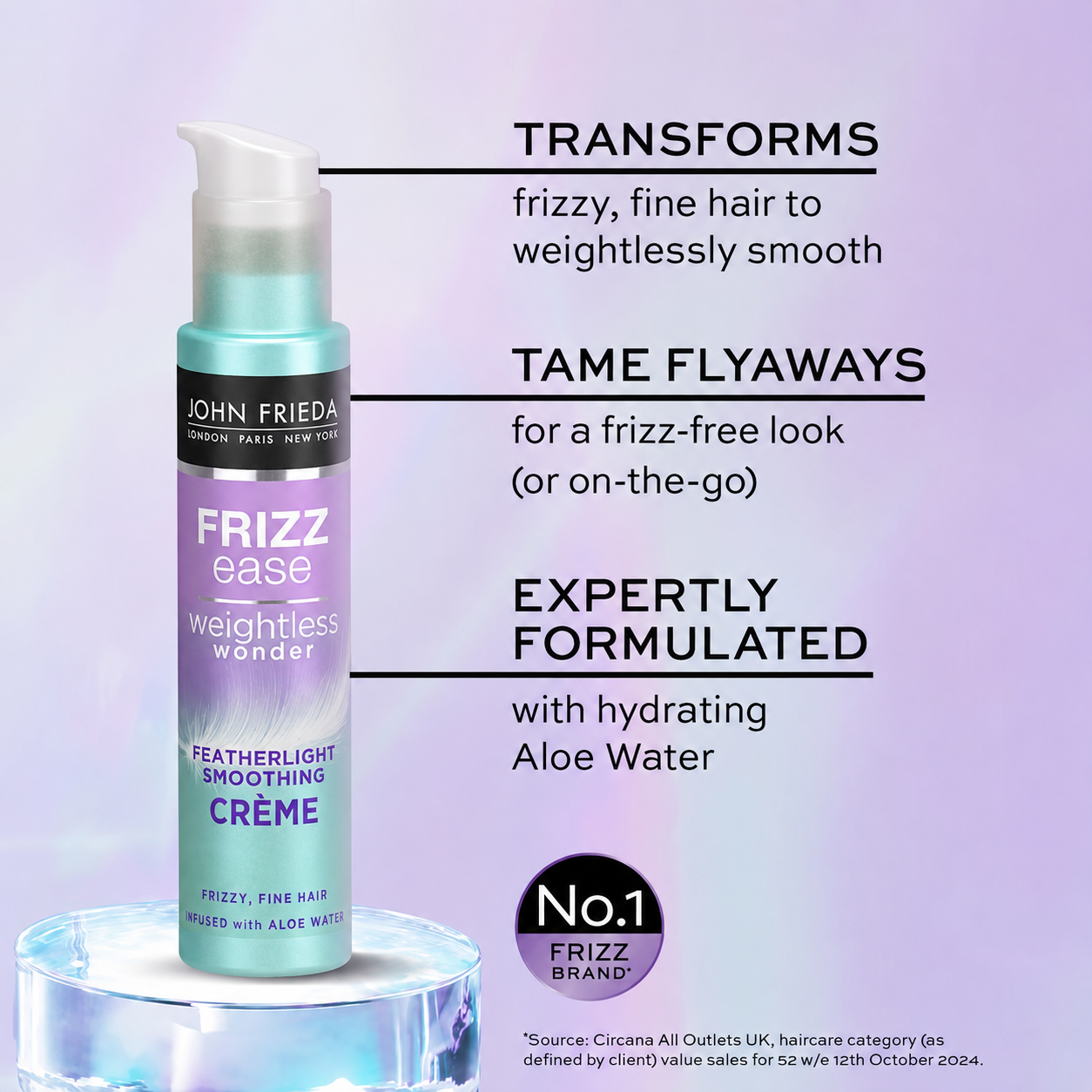 John Frieda Weightless Wonder Smoothing Crème with aloe water to smooth fine hair and tame frizz and flyaways