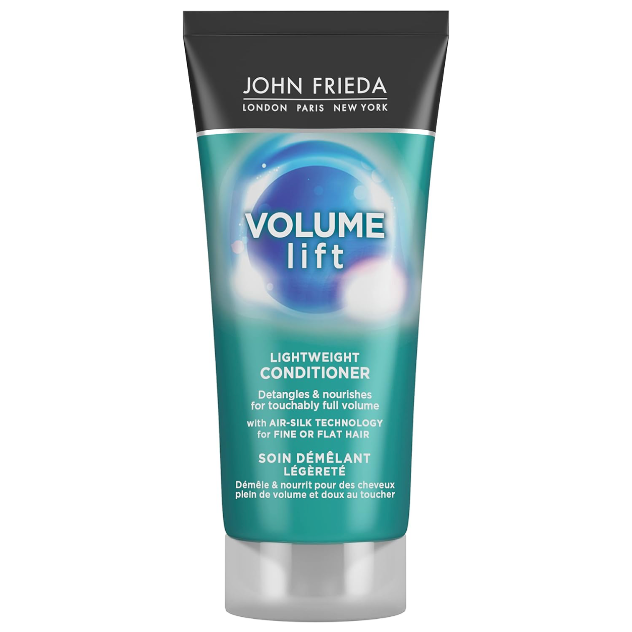 John Frieda Volume Lift Lightweight Conditioner for fine or flat hair, adding soft, touchably full volume in a green and black tube on a white background