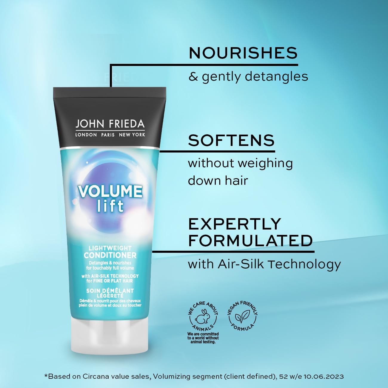 John Frieda Volume Lift Conditioner with Air-Silk Technology to nourish and detangle fine hair without weighing it down