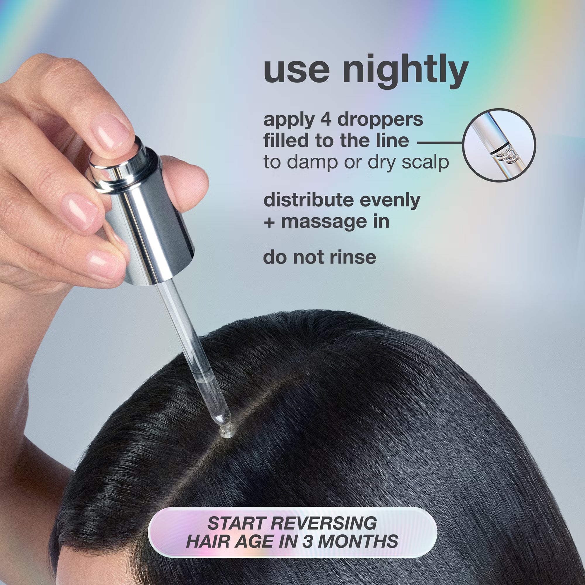 How to apply K18 Future IQ Biometric Hair Longevity Serum 90ml with dropper for nightly scalp treatment.
