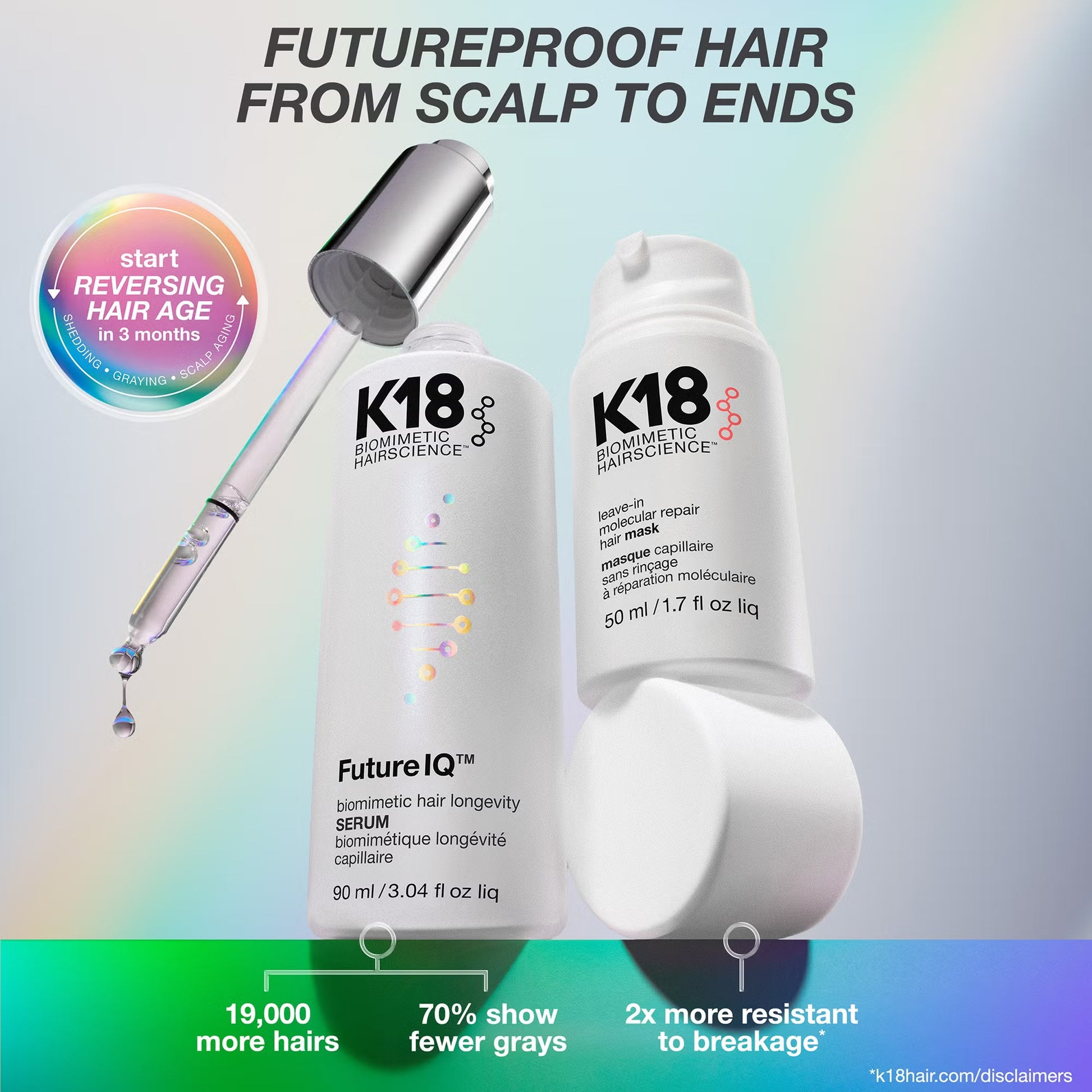 K18 Future IQ Biometric Hair Longevity Serum and Leave-In Molecular Repair Hair Mask for stronger, healthier, fuller-looking hair.
