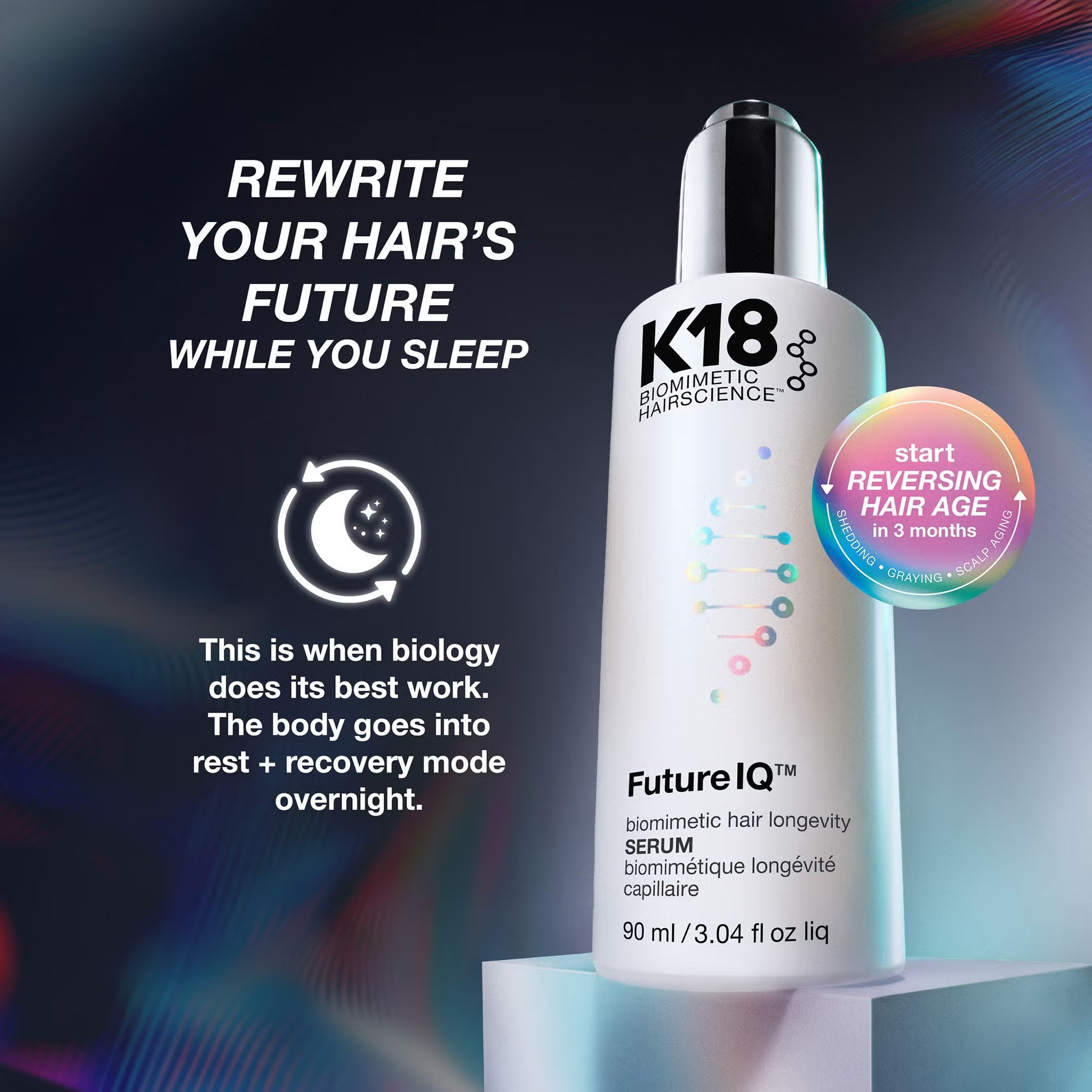 K18 Future IQ Biometric Hair Longevity Serum overnight treatment that supports hair repair, reduces shedding and helps reverse early greying.

