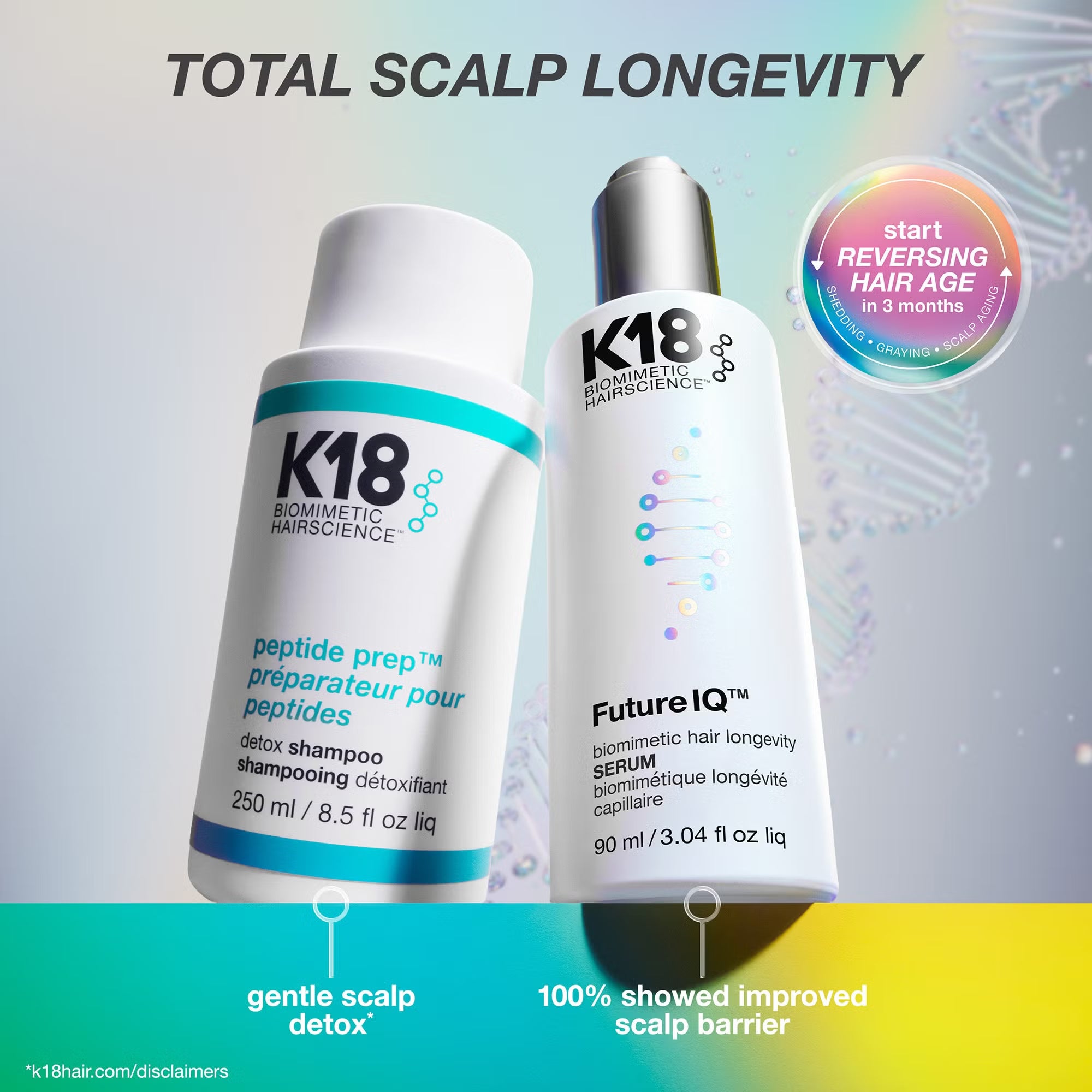 K18 Future IQ Hair Longevity Serum with Peptide Prep Detox Shampoo for improved scalp barrier and healthier hair.
