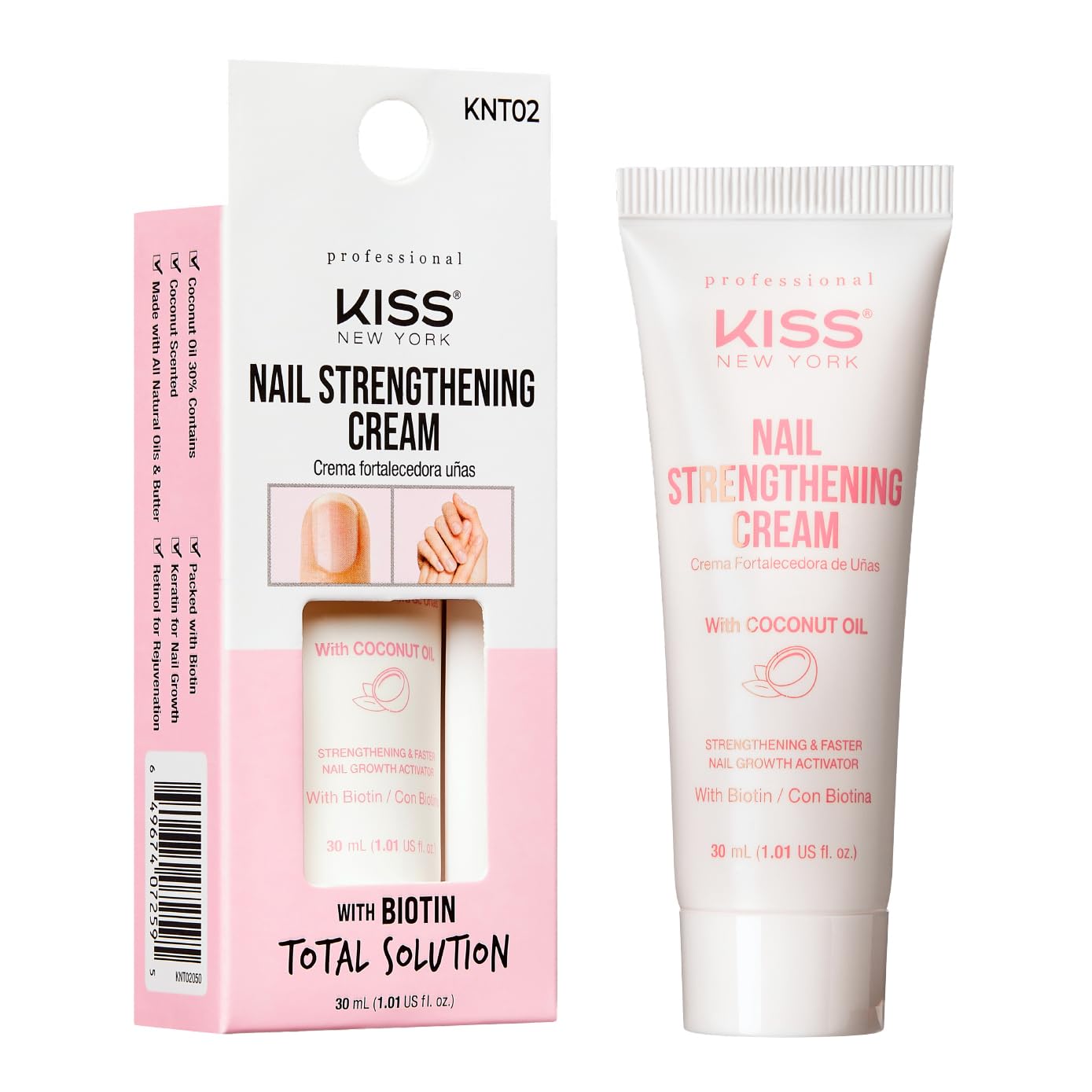KISS New York KNT02 Nail Strengthening Cream 30ml with coconut oil and biotin for conditioning cuticles and supporting stronger, healthier-looking nails