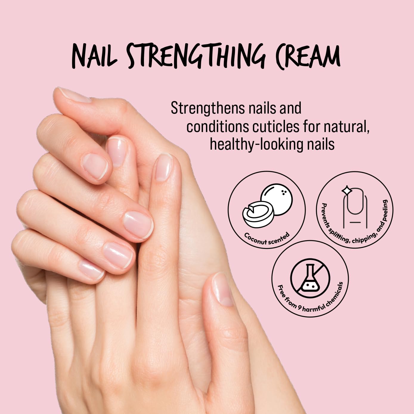 KISS New York KNT02 Nail Strengthening Cream infographic highlighting coconut-scented care that conditions cuticles and helps prevent splitting, chipping and peeling
