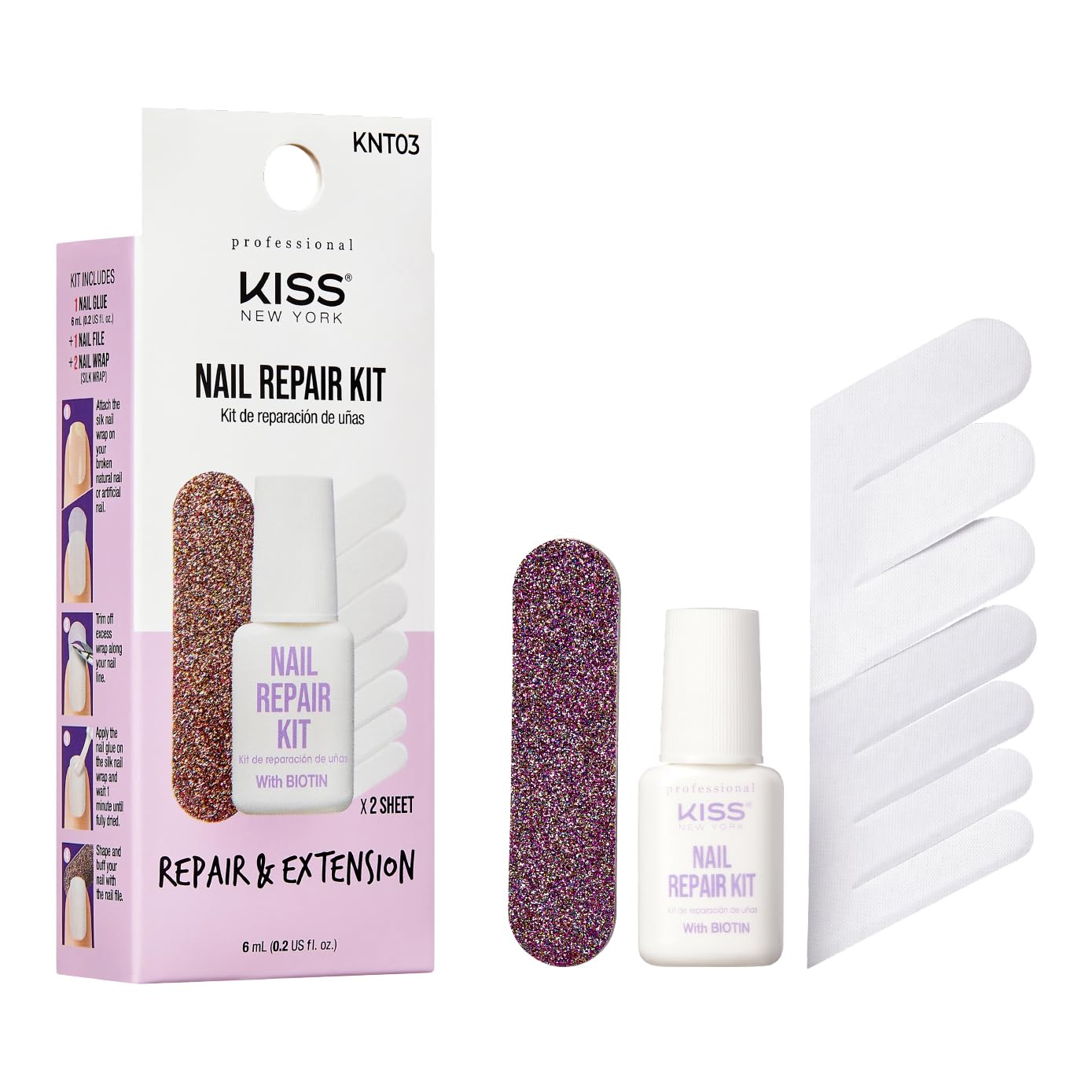KISS New York KNT03 Nail Repair Kit with biotin, 6ml nail glue, nail file and two silk wrap sheets for nail repair and extension
