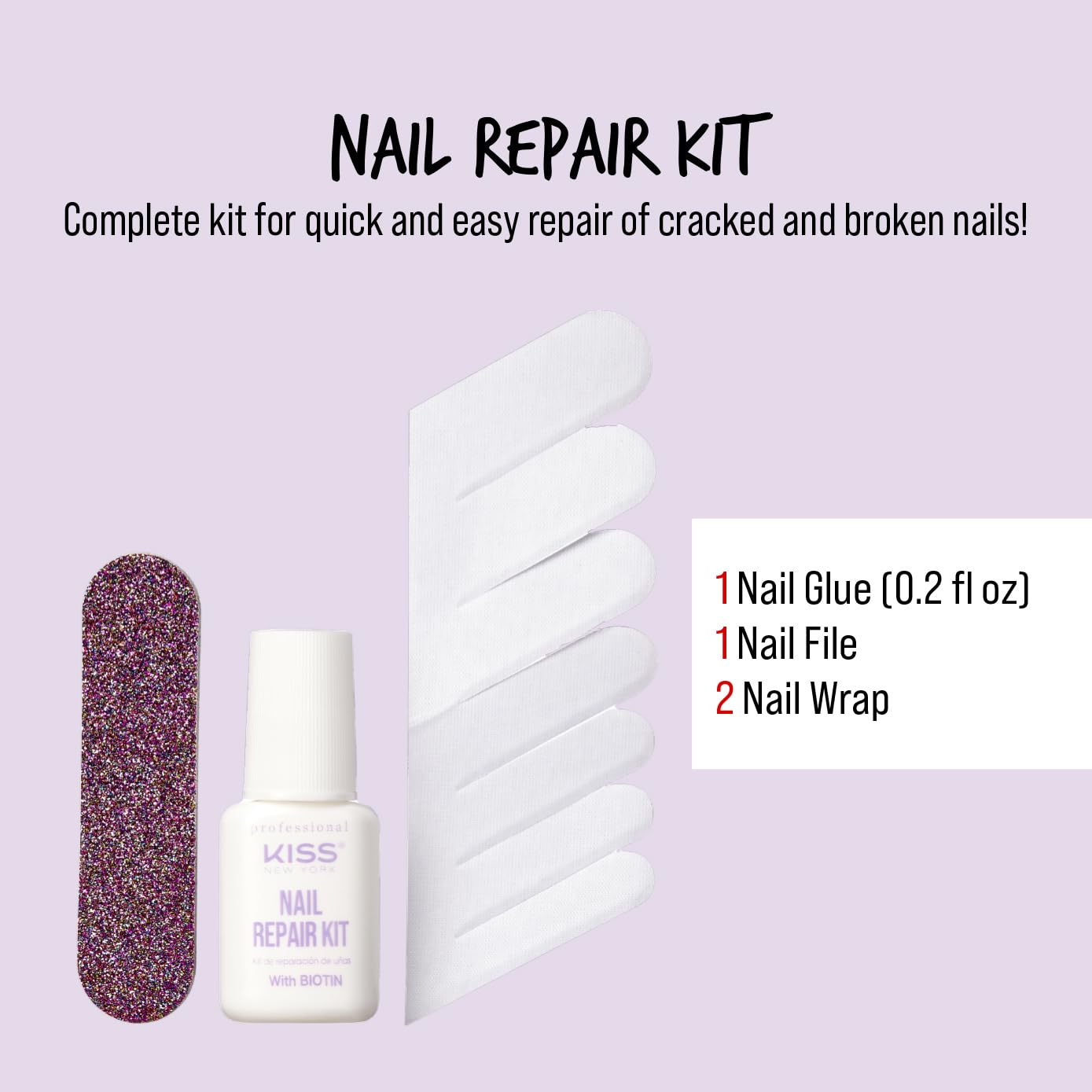 KISS New York KNT03 Nail Repair Kit with nail glue, file and two nail wraps for quickly repairing cracked, split and broken natural nails