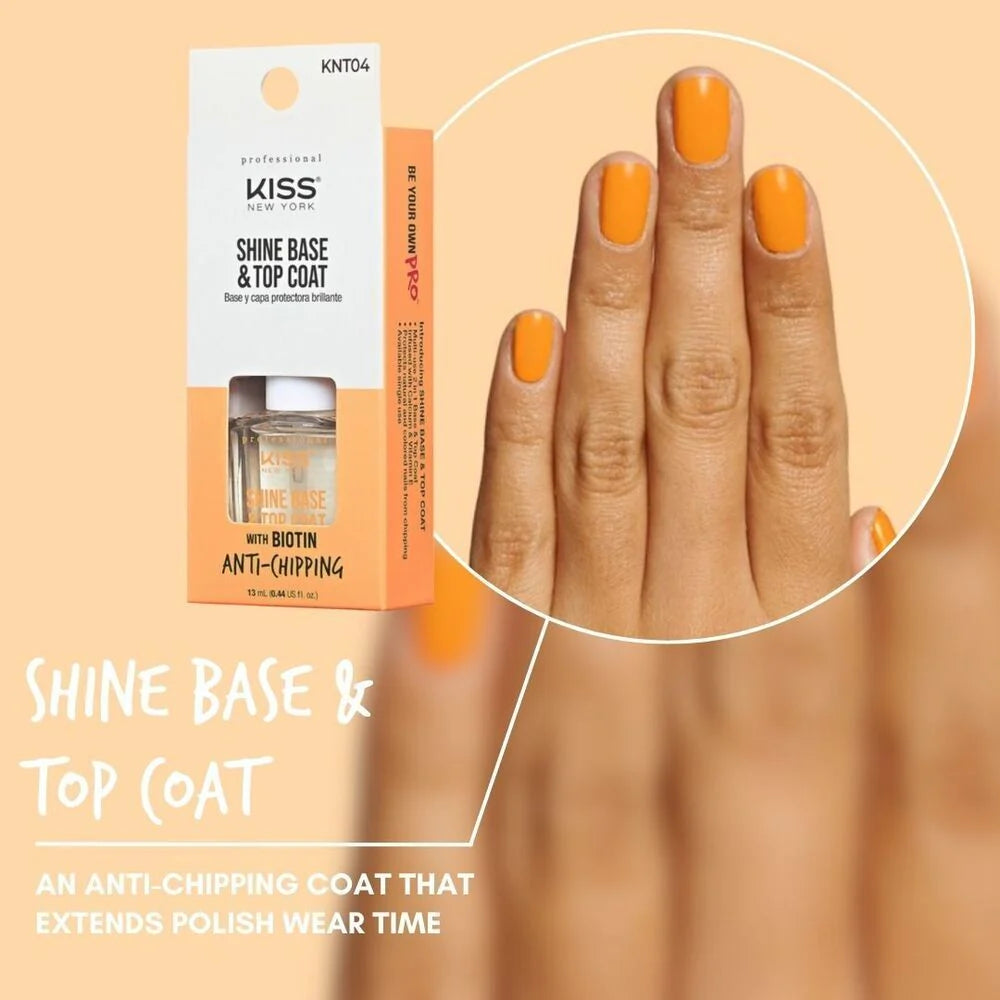 KISS New York KNT04 Shine Base & Top Coat with biotin, an anti-chipping nail treatment designed to extend polish wear and add glossy shine
