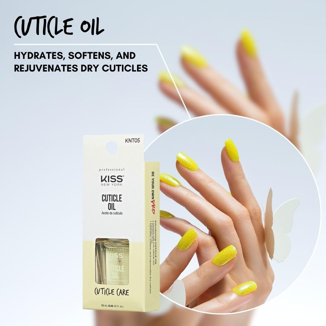 KISS New York KNT05 Cuticle Oil infographic showing a hydrating nail treatment that softens and rejuvenates dry, damaged cuticles