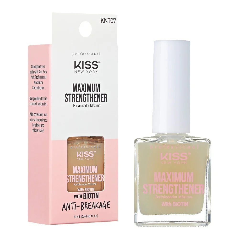KISS New York KNT07 Maximum Strengthener 13ml, a biotin-infused treatment formulated to strengthen thin, cracked and splitting natural nails