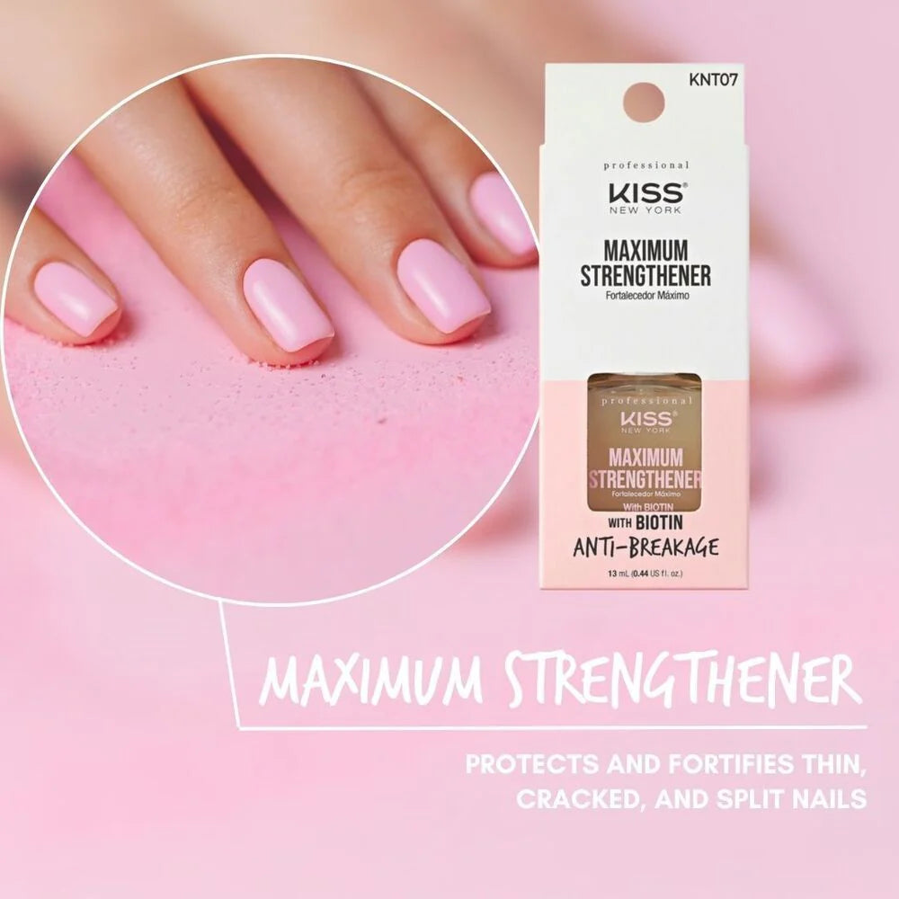 KISS New York KNT07 Maximum Strengthener 13ml, a biotin-infused treatment formulated to strengthen thin, cracked and splitting natural nails