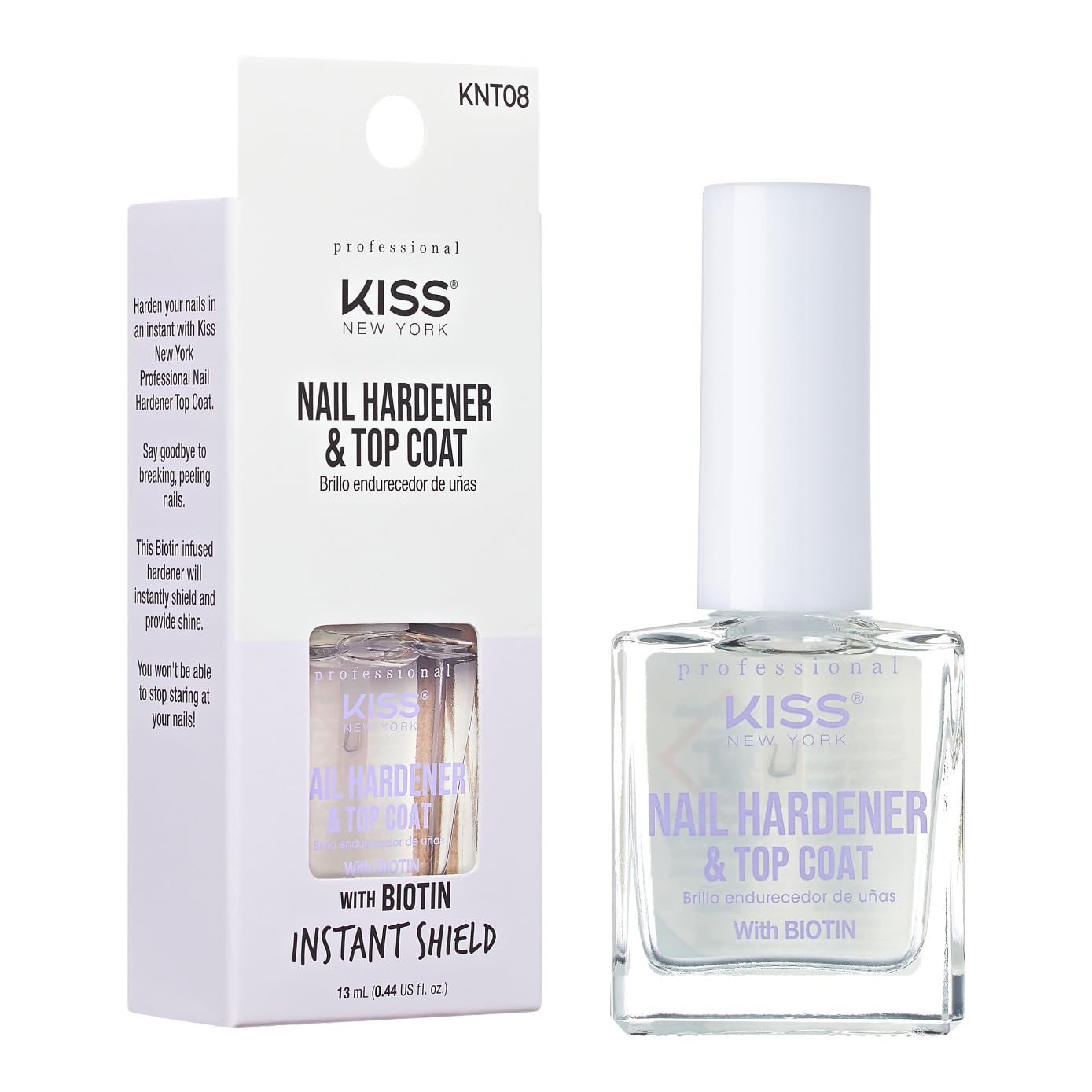 KISS New York KNT08 Nail Hardener & Top Coat with biotin, formulated to shield breaking and peeling nails while adding instant glossy shine