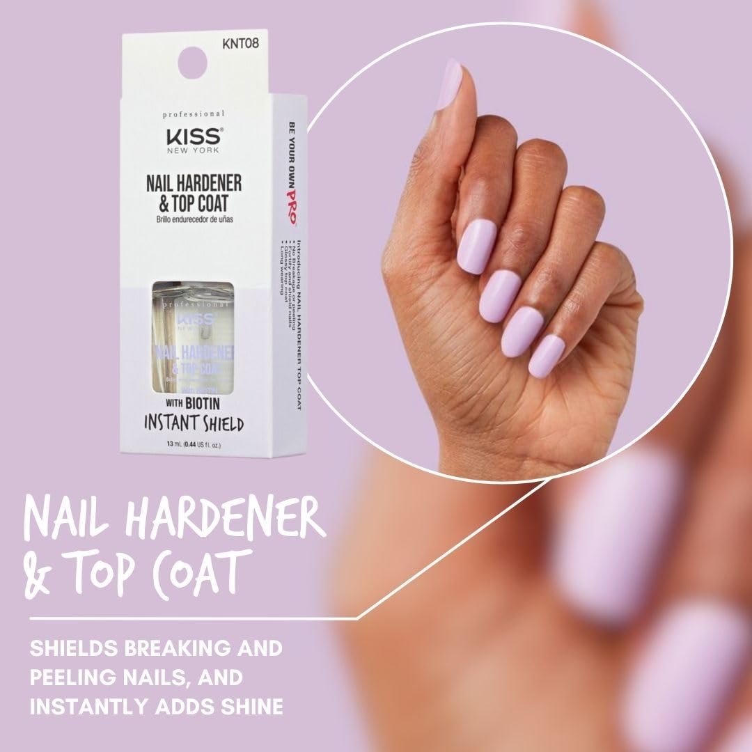 KISS New York KNT08 Nail Hardener & Top Coat 13ml, a biotin-infused clear nail treatment that hardens weak nails and provides a protective glossy finish