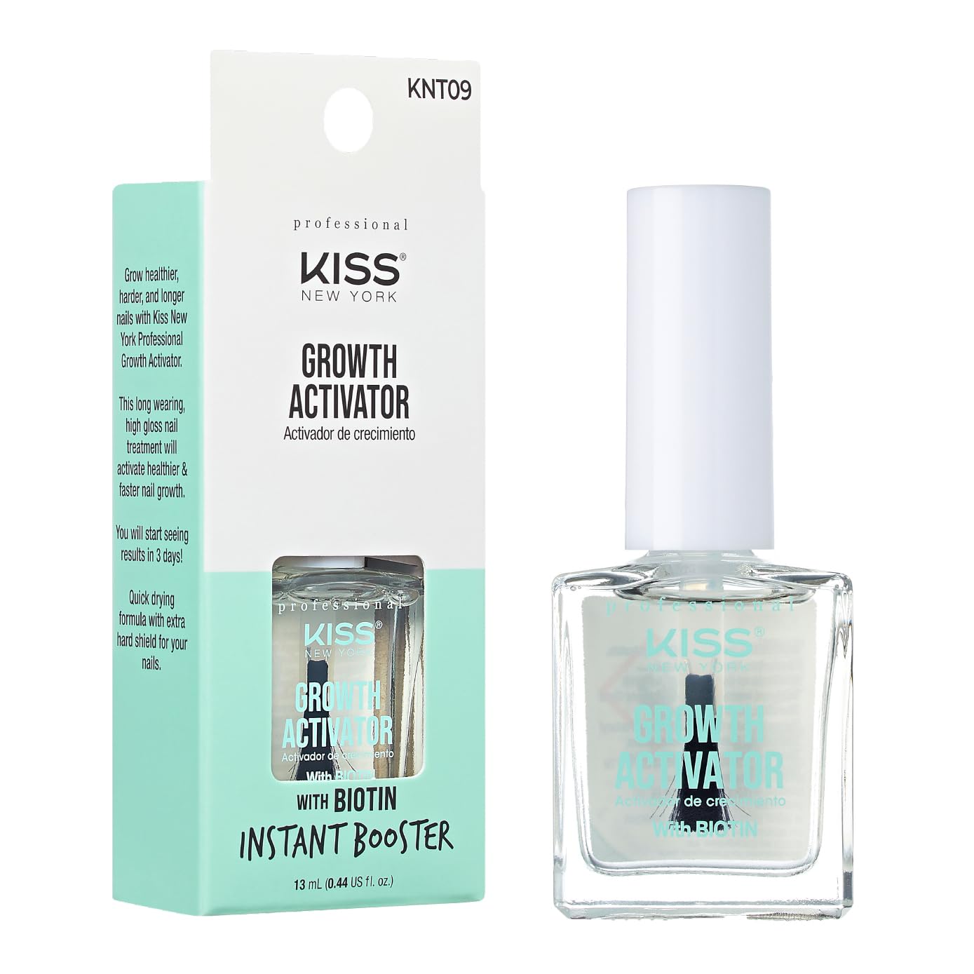 KISS New York KNT09 Nail Growth Activator infographic highlighting biotin and calcium for stronger, healthier-looking nails with a long-lasting high-gloss finish