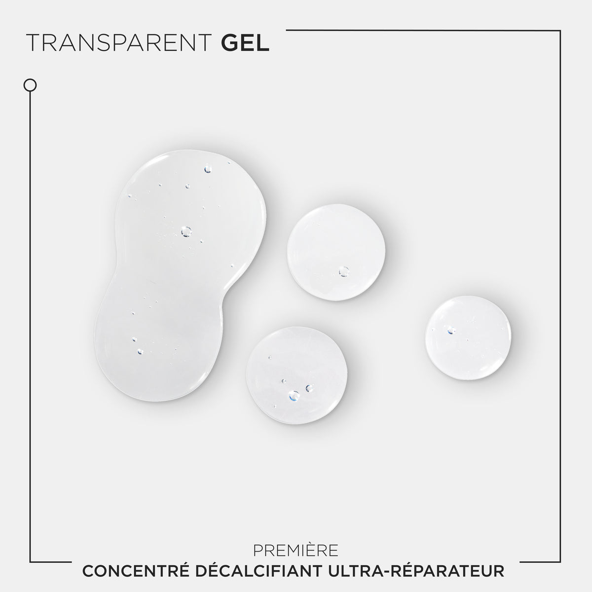 Kérastase Première Concentré Décalcifiant Ultra-Réparateur Pre-Shampoo Treatment 250ml Transparent gel droplets on a light gray background with text indicating product details.