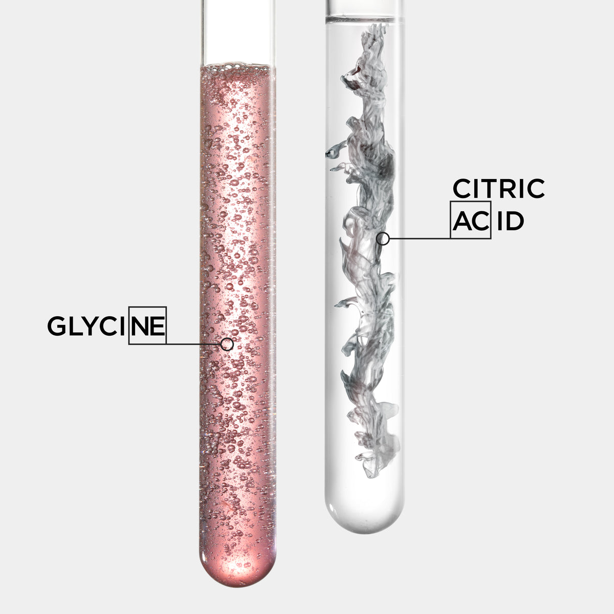 Two test tubes labeled 'Glycine' and 'Citric Acid' with liquid contents.