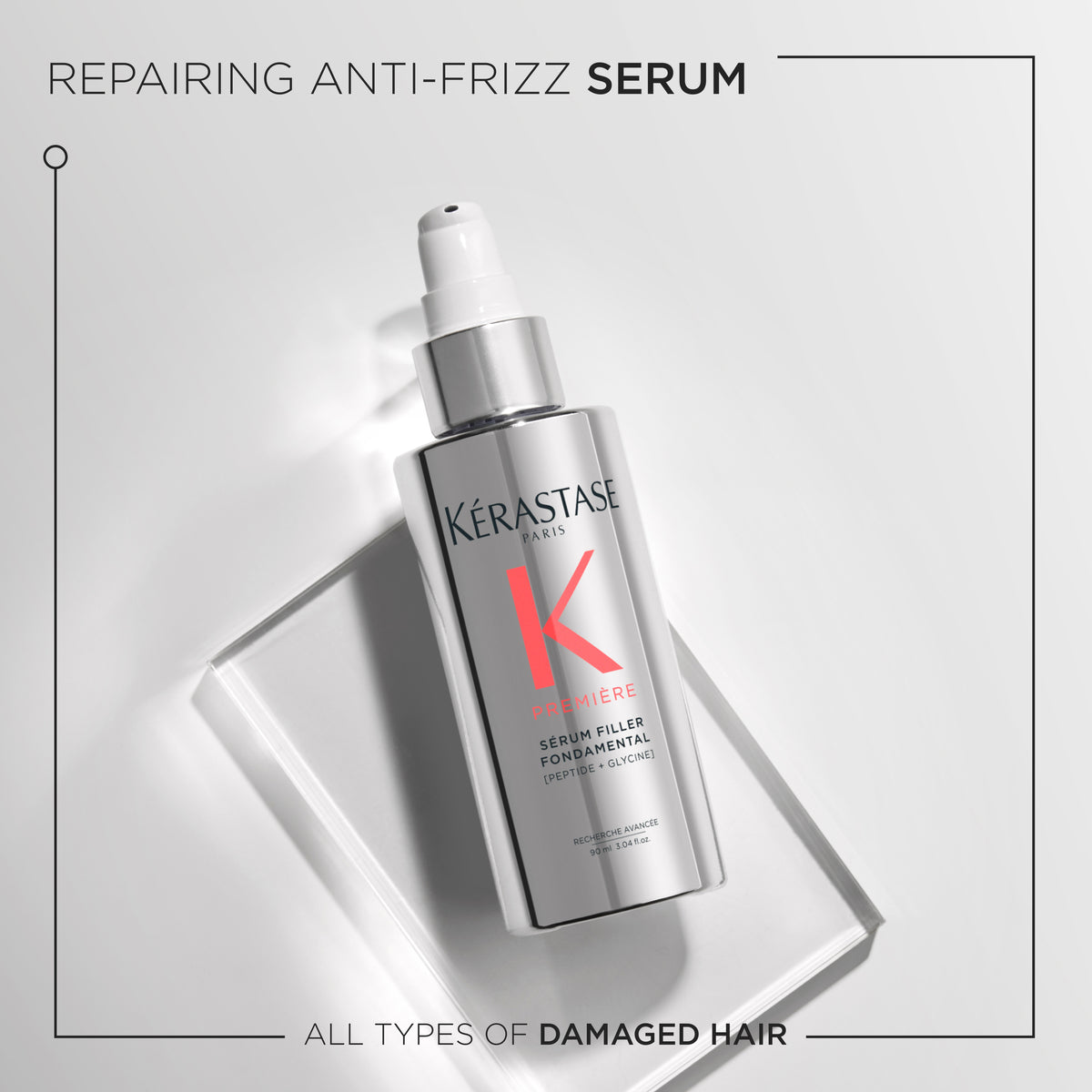 Kérastase serum bottle on a white background with text about repairing anti-frizz serum for damaged hair.