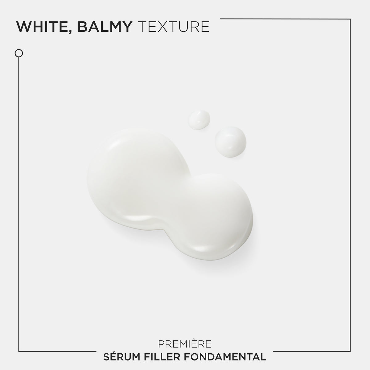 White liquid droplets of Kérastase Première Sérum Filler Fondamental Anti-Frizz Repairing Serum 90ml on a light gray background with text about a serum filler.