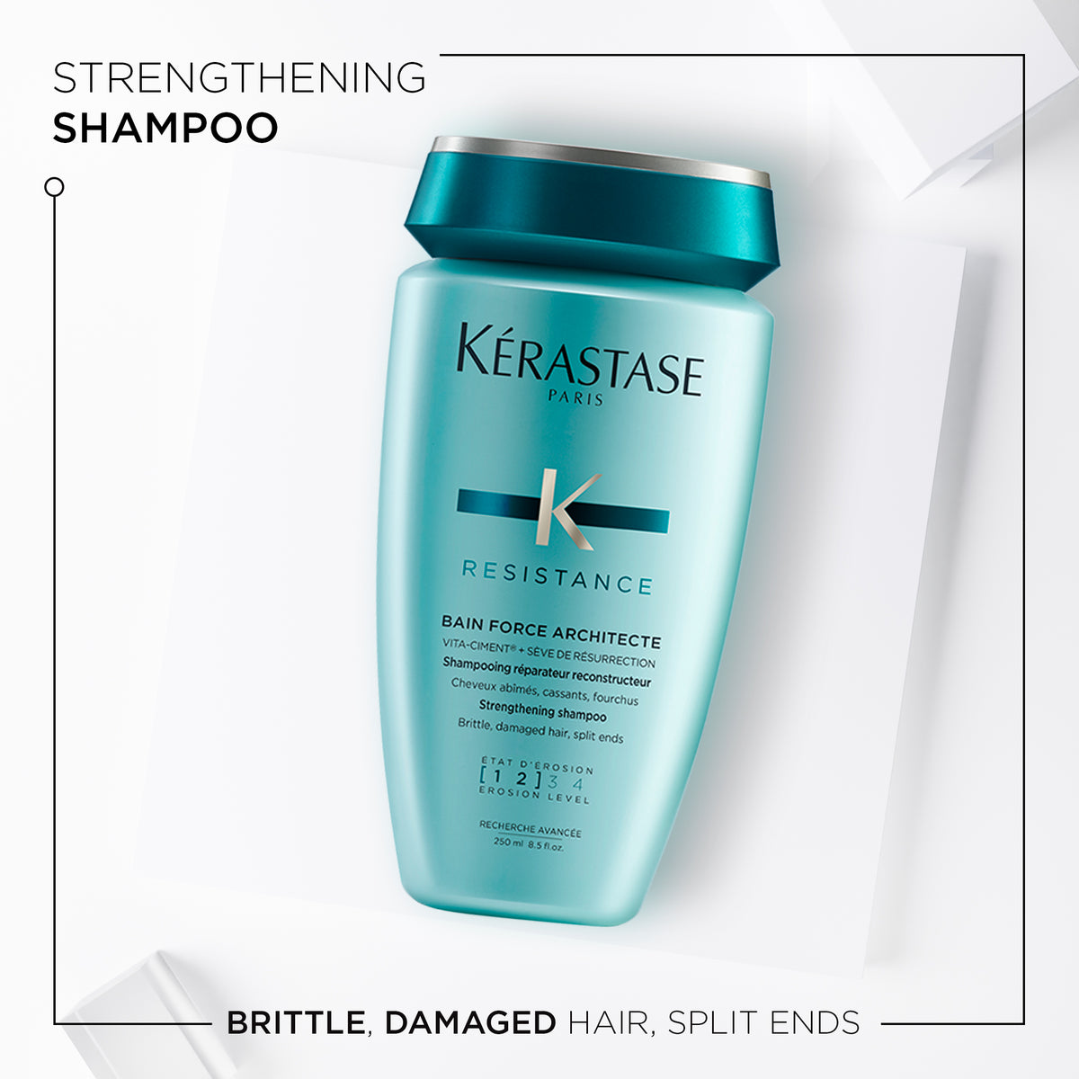 Kérastase Résistance Bain Force Architecte Strengthening Shampoo on a white background with text about hair care.