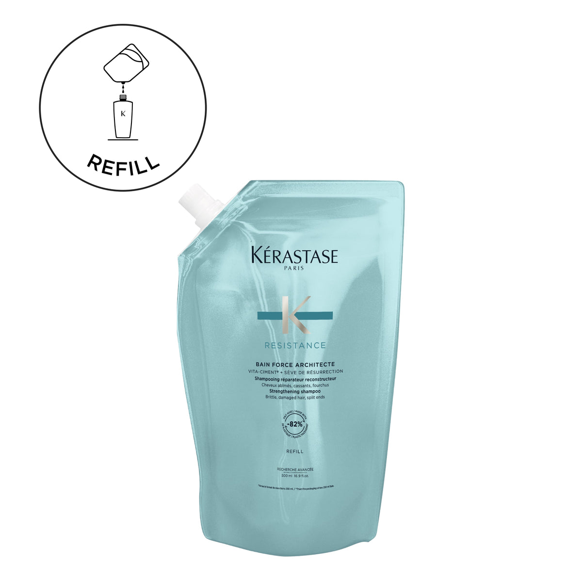 Kérastase Résistance Bain Force Architecte Strengthening Shampoo 500ml refill pack with a refill icon on a white background