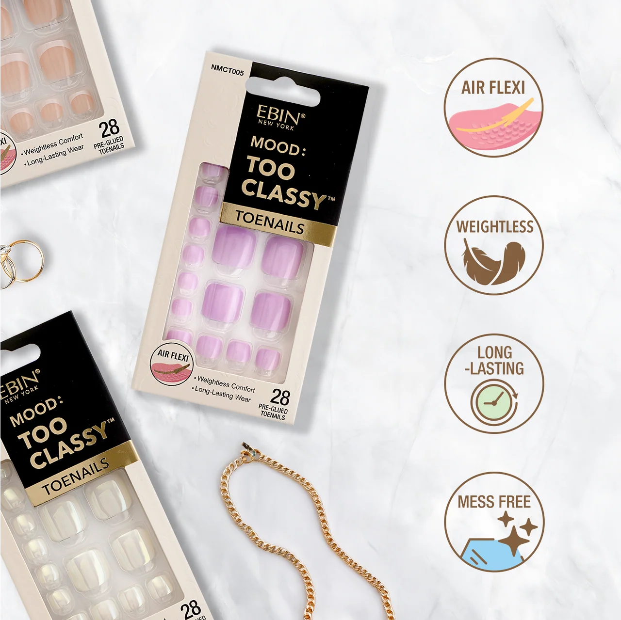 Ebin New York Mood Too Classy pre-glued toenails highlighting Air Flexi technology, lightweight comfort, long-lasting wear and mess-free application.

