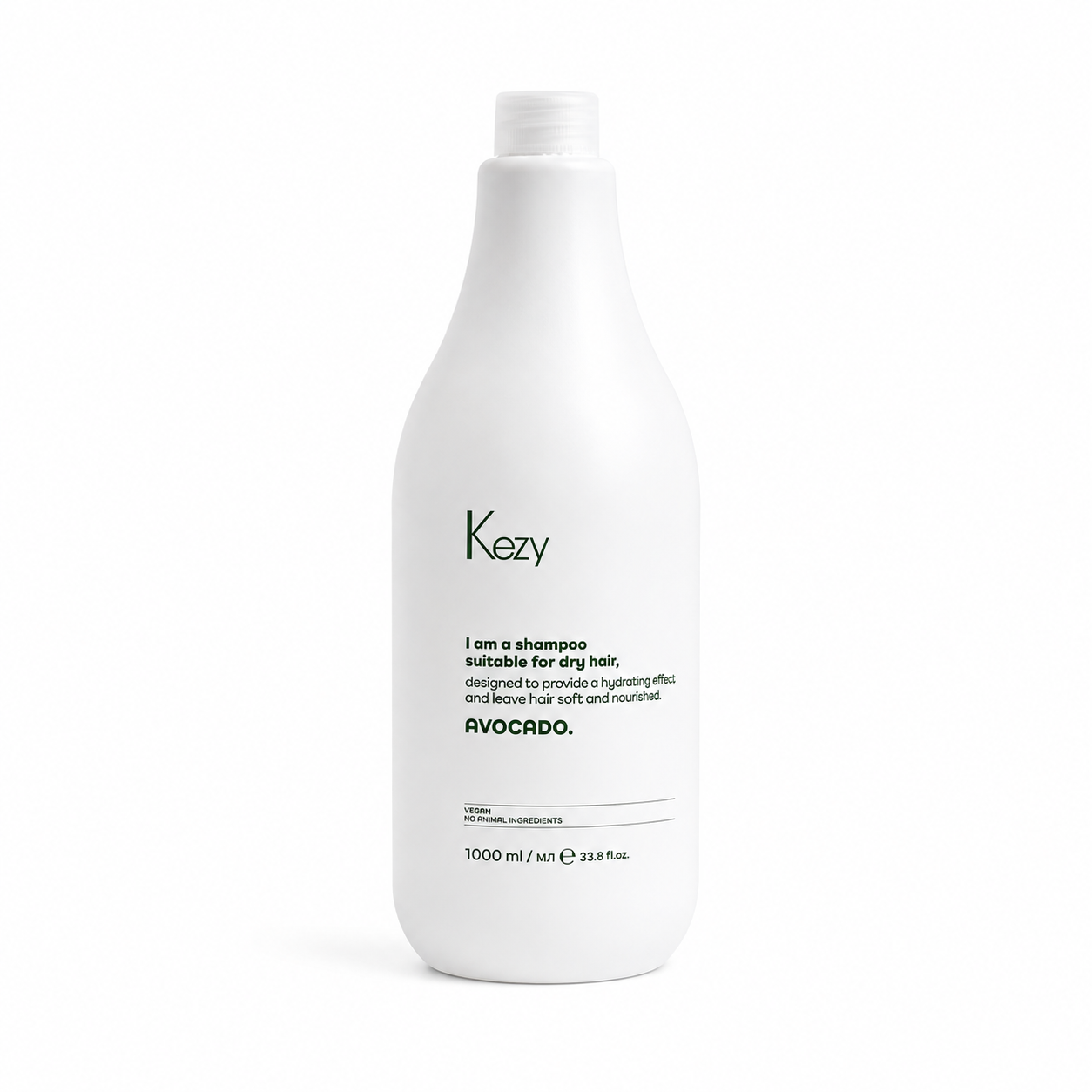 Kezy Avocado Shampoo 1000ml – professional hydrating shampoo for dry hair with avocado extract, vegan formula, salon-size bottle on white background.