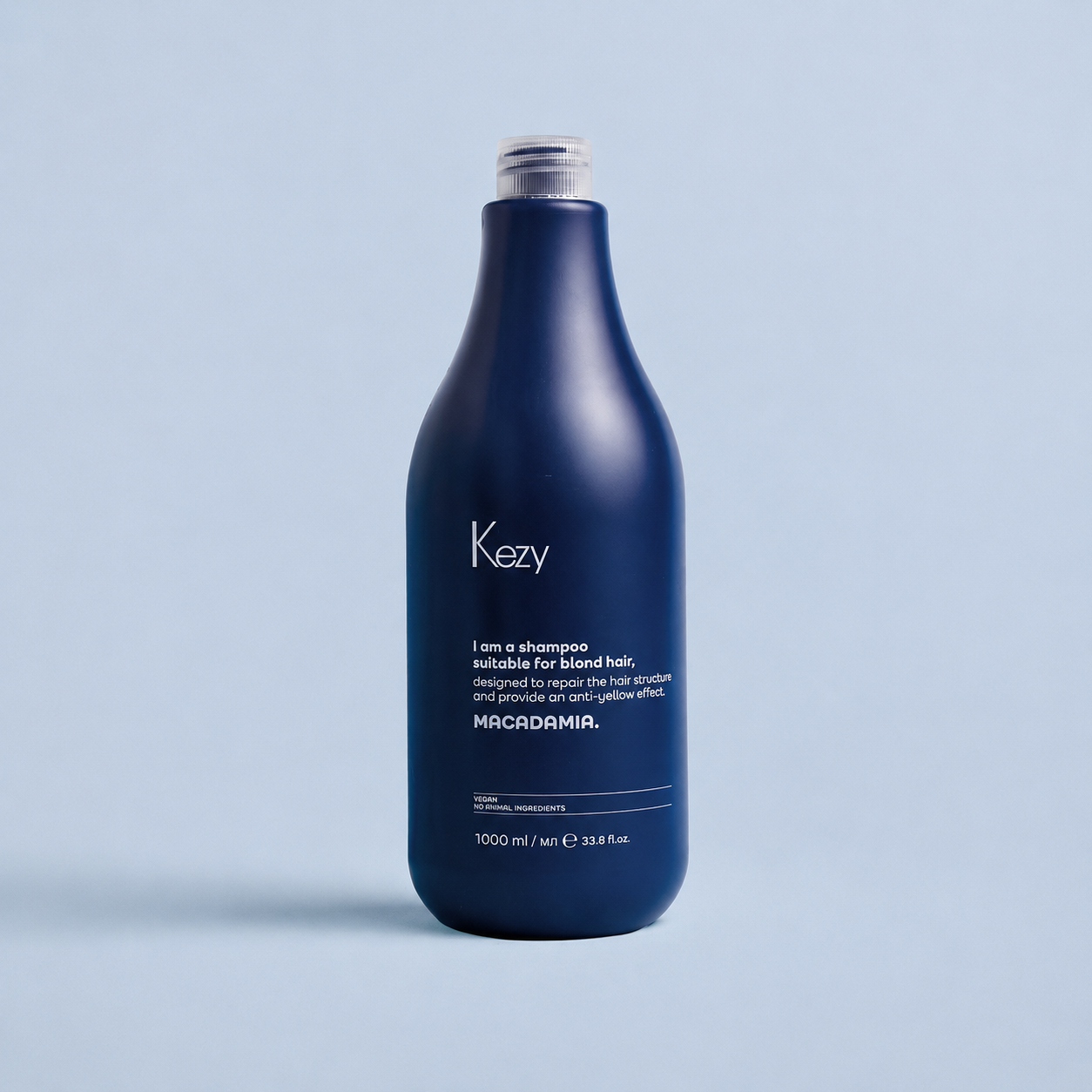 Kezy Macadamia Anti-Yellow Shampoo 1000ml on a light blue background
