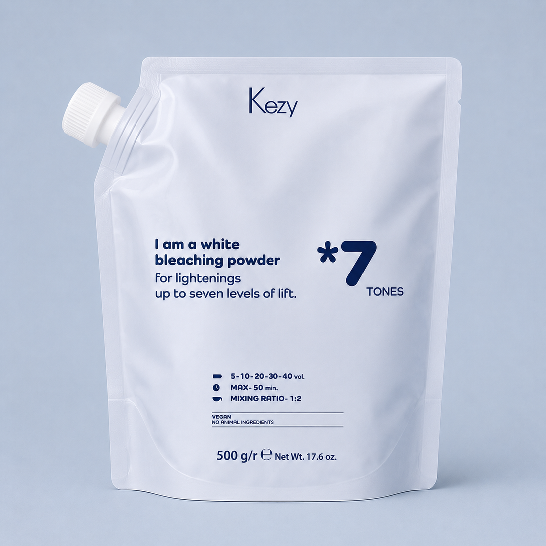 Kezy White Bleaching Powder 7 Tones 500g on a light blue background