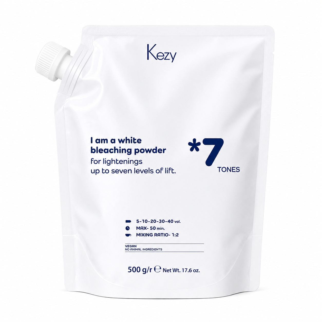 Kezy White Bleaching Powder 500g in a white refill pouch with a screw-cap spout, formulated to lighten hair up to seven levels of lift, presented on a soft white background.