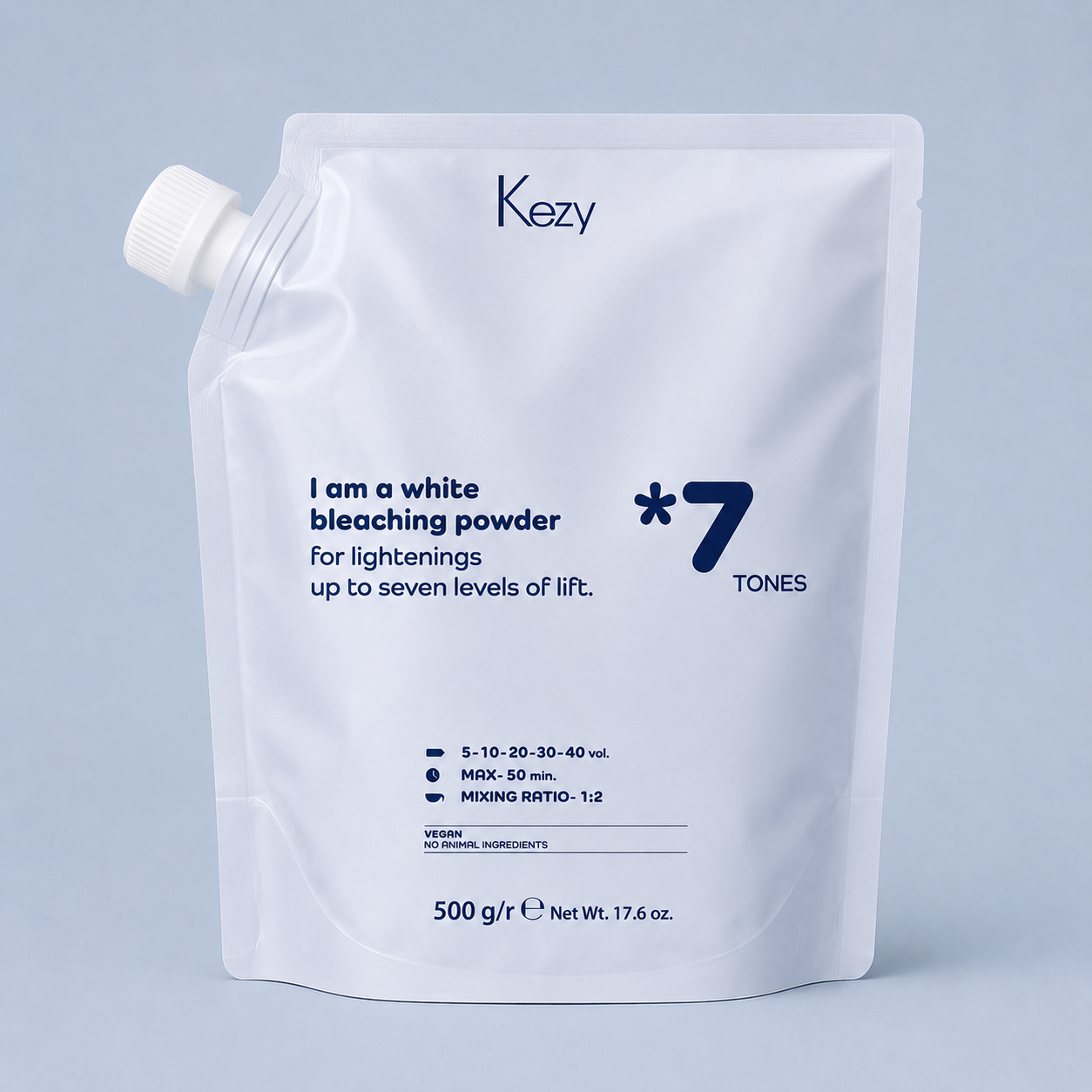 Kezy White Bleaching Powder 7 Tones 500g on a light blue background